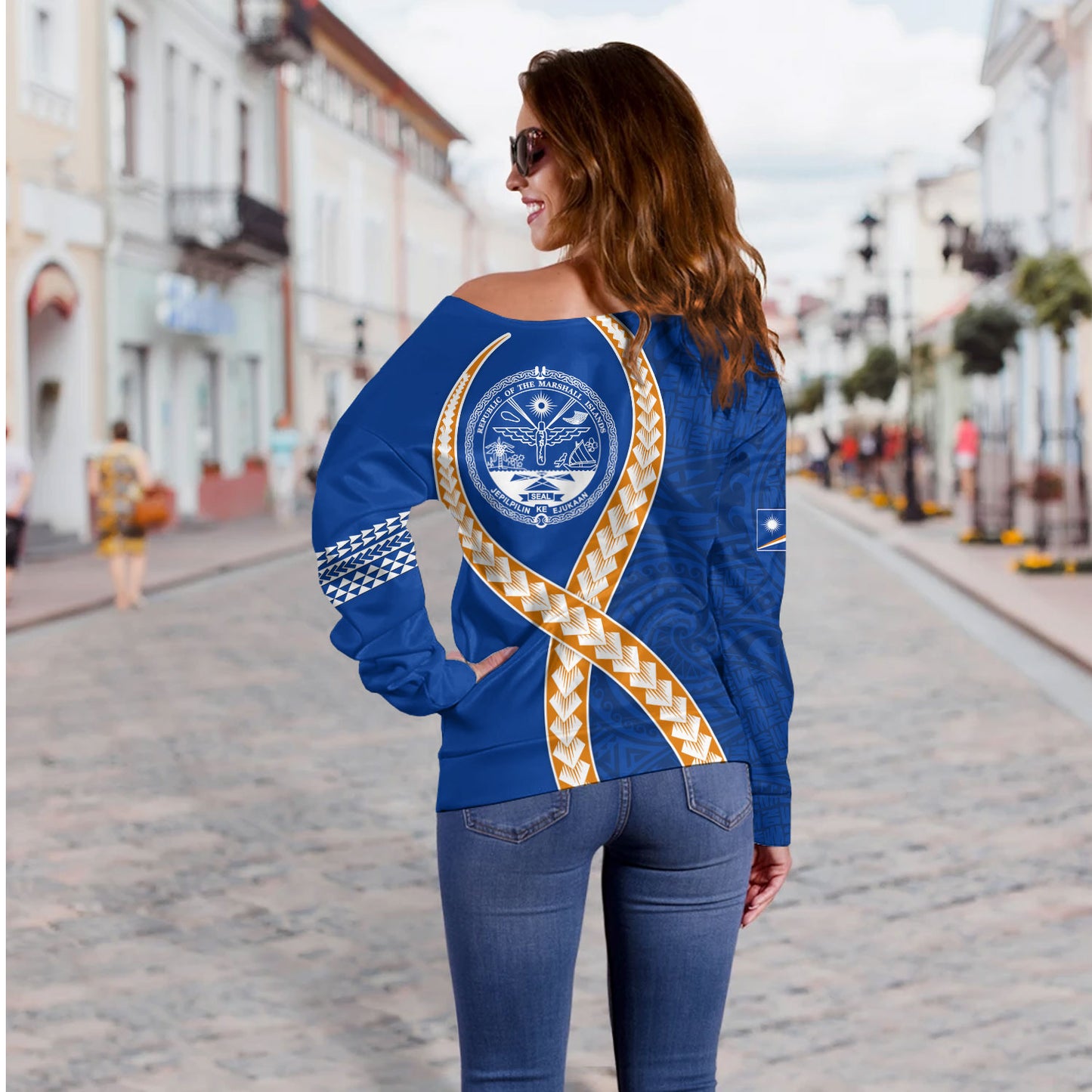 Marshall Islands Off Shoulder Sweatshirt Tribal Polynesian In My Heart