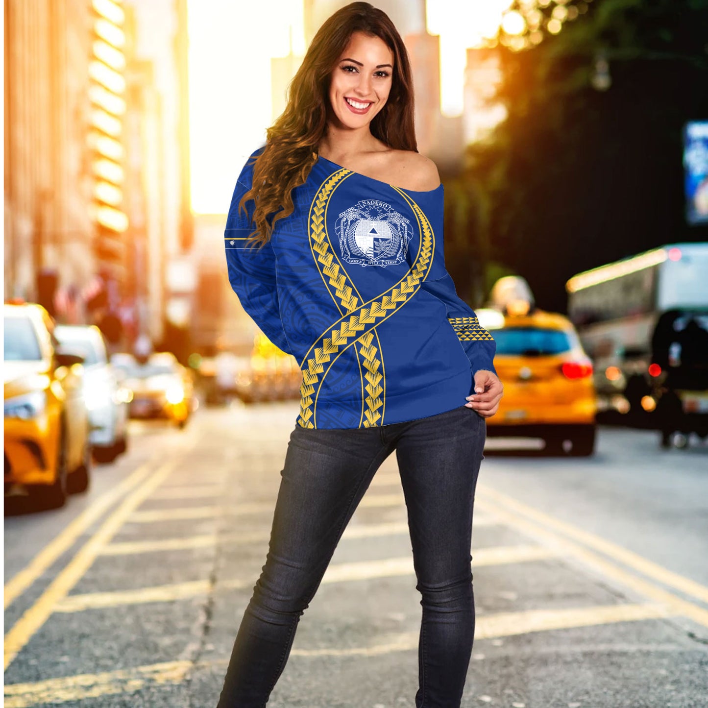 Nauru Off Shoulder Sweatshirt Tribal Polynesian In My Heart
