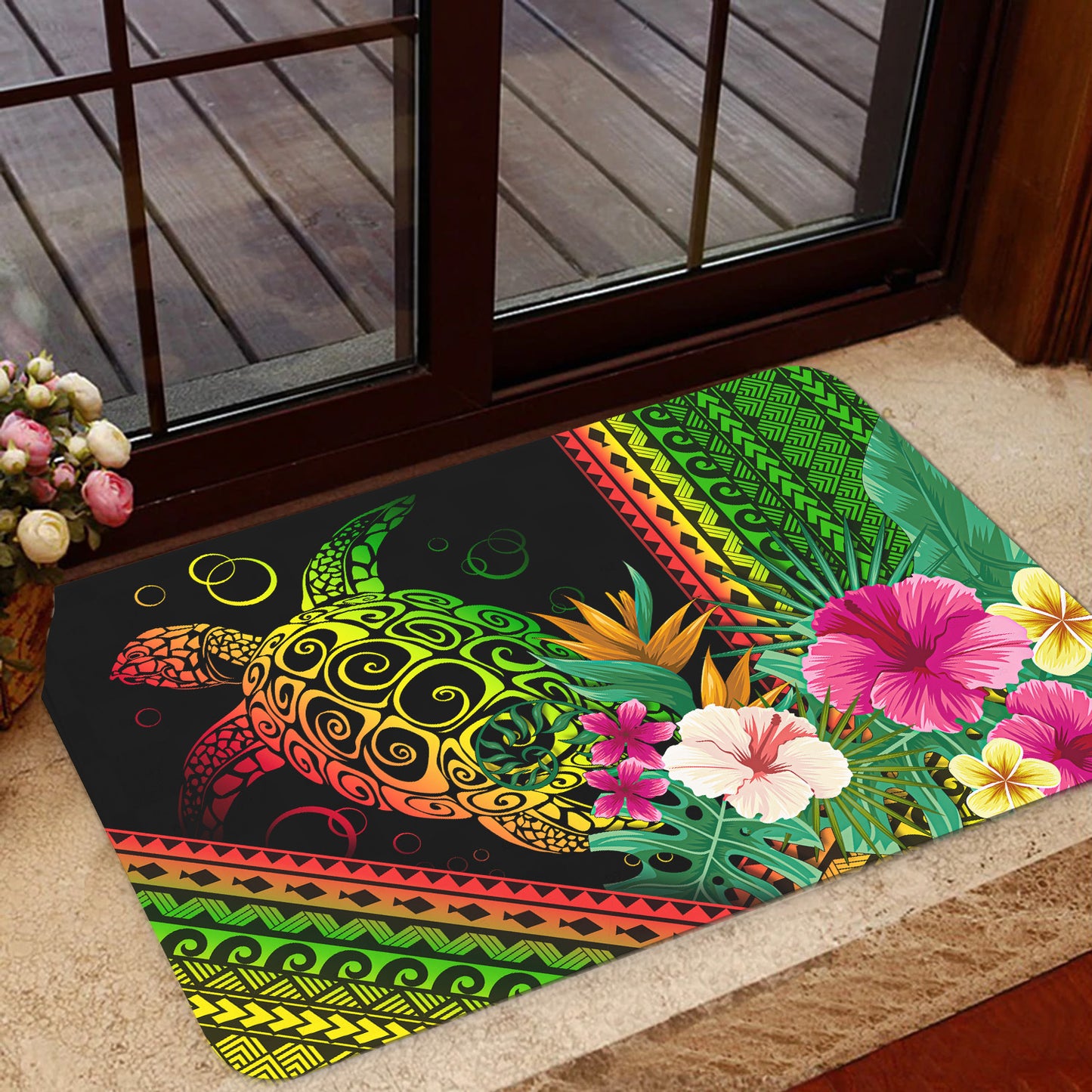 Hawaii Door Mat Turtle Polynesian Pattern Reggae Color
