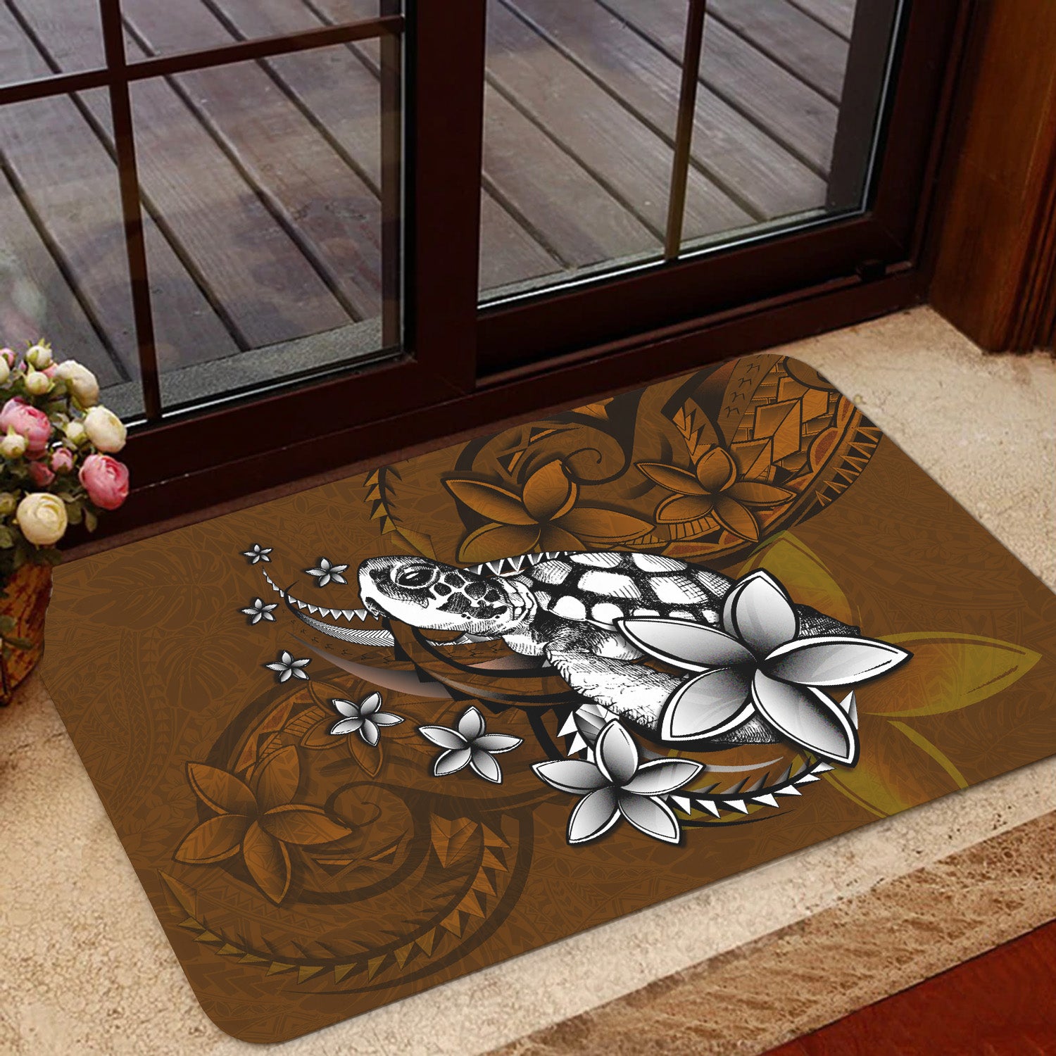 Hawaii Door Mat Sea Turtle With Plumeria Polynesian Patterns Retro Style