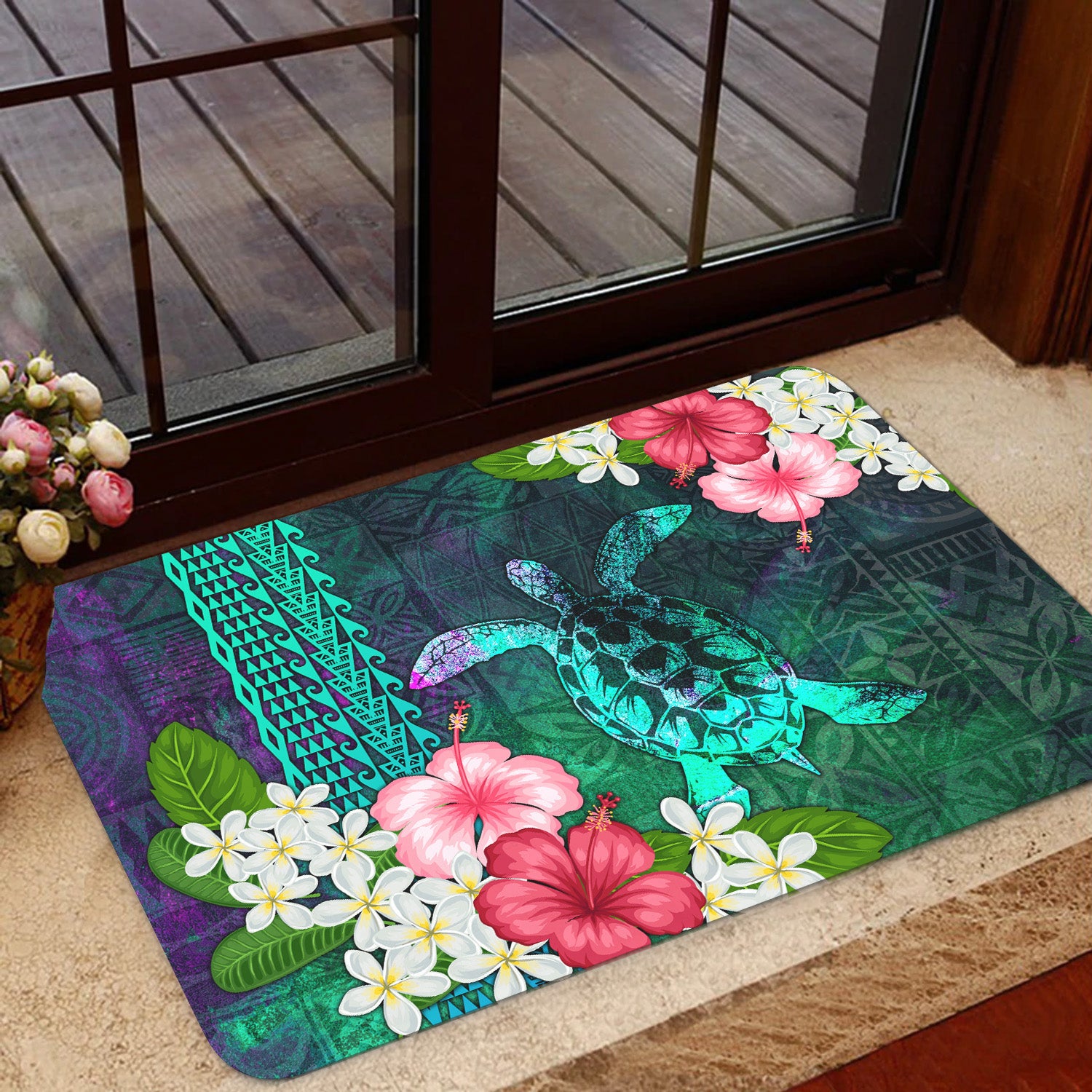 Hawaii Door Mat Sea Turtle Abstract Background With Tropical Flowers Hibiscus And Plumeria