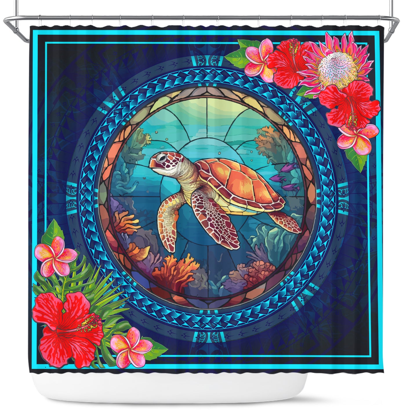 Hawaii Shower Curtain Polynesian Patterns Turtle Mascot WaterColor Style