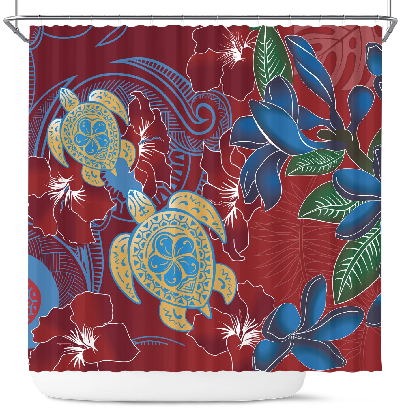 Hawaii Shower Curtain Polynesian Cultures Turtle Couple Tropical Flowers Red Color