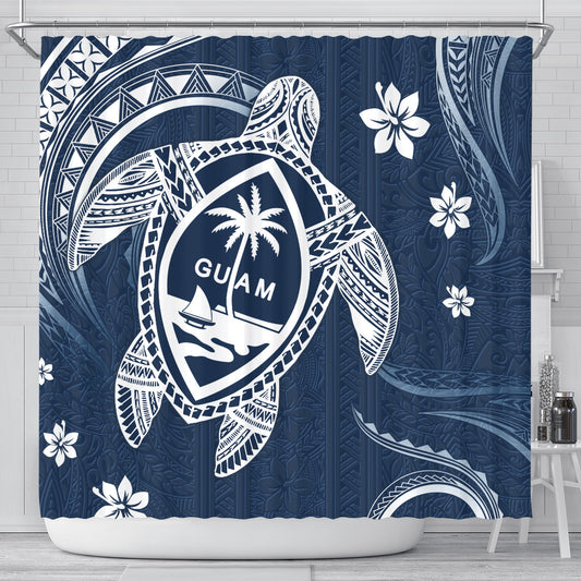 Guam Shower Curtain Turtle Polynesian Pattern Blue Ver