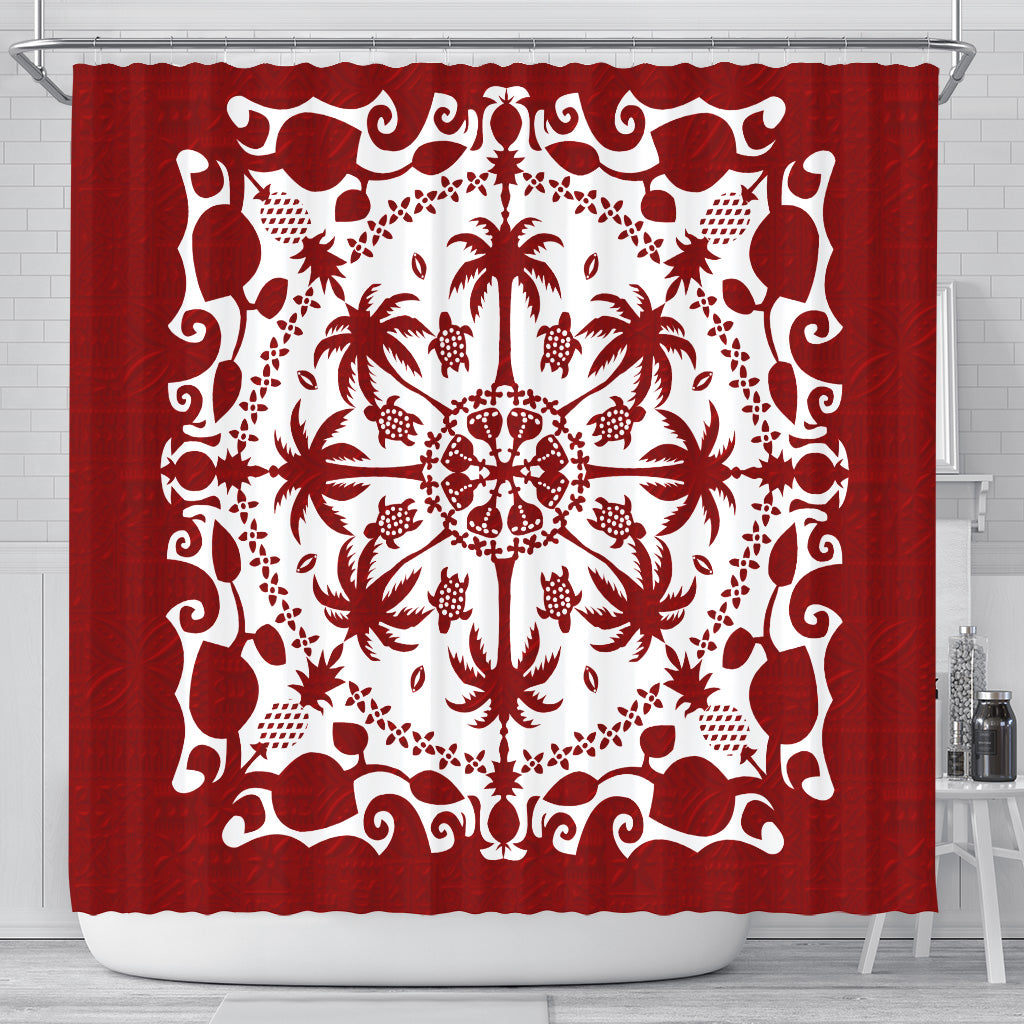 Hawaii Shower Curtain Red Hawaii Pattern Palm Trees and Turtles Polynesian