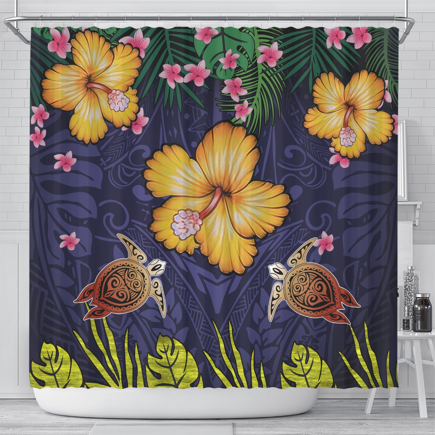 Hawaii Shower Curtain Polynesian Patterns Turtle Couple Hibiscus Plumeria Flowers