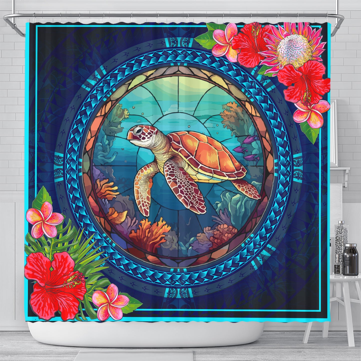 Hawaii Shower Curtain Polynesian Patterns Turtle Mascot WaterColor Style