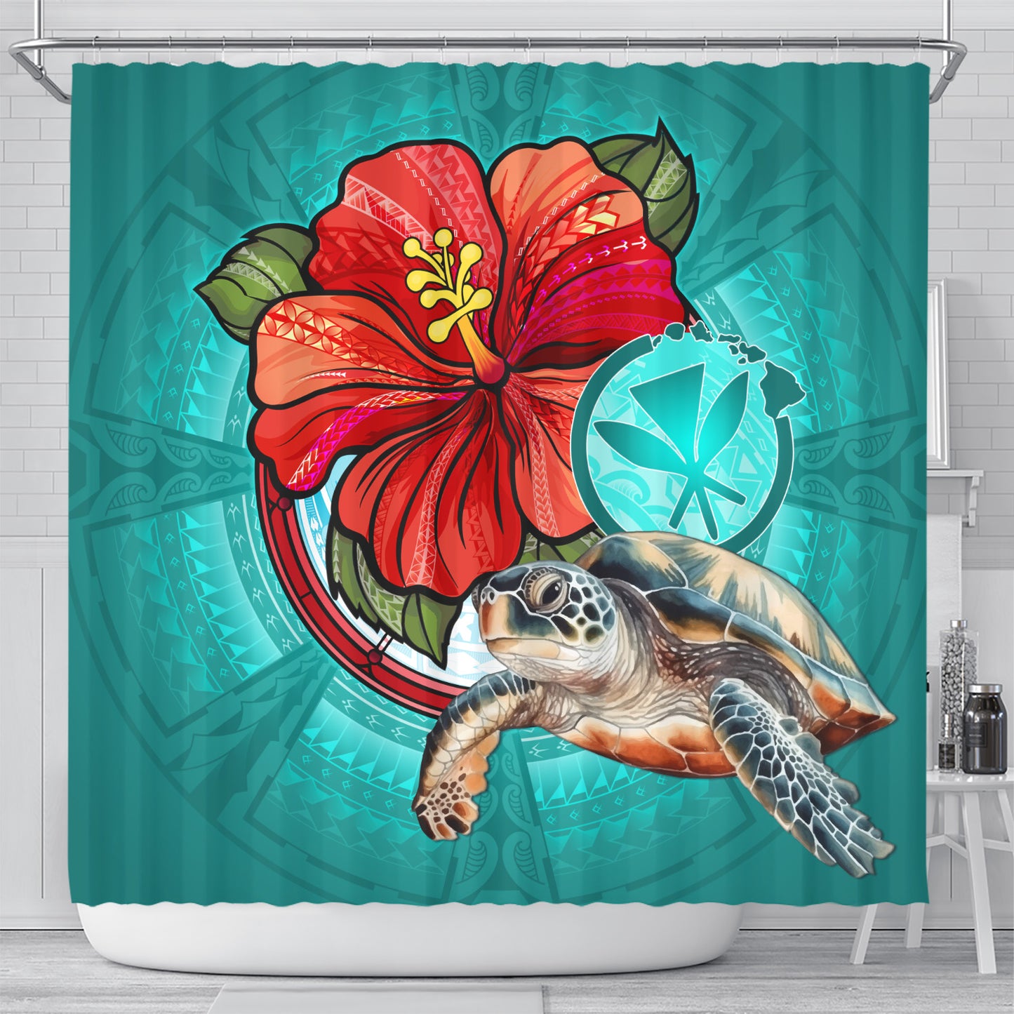 Hawaii Shower Curtain Hawaiian Map Turtle Hibiscus Flowers Polynesian Patterns Style