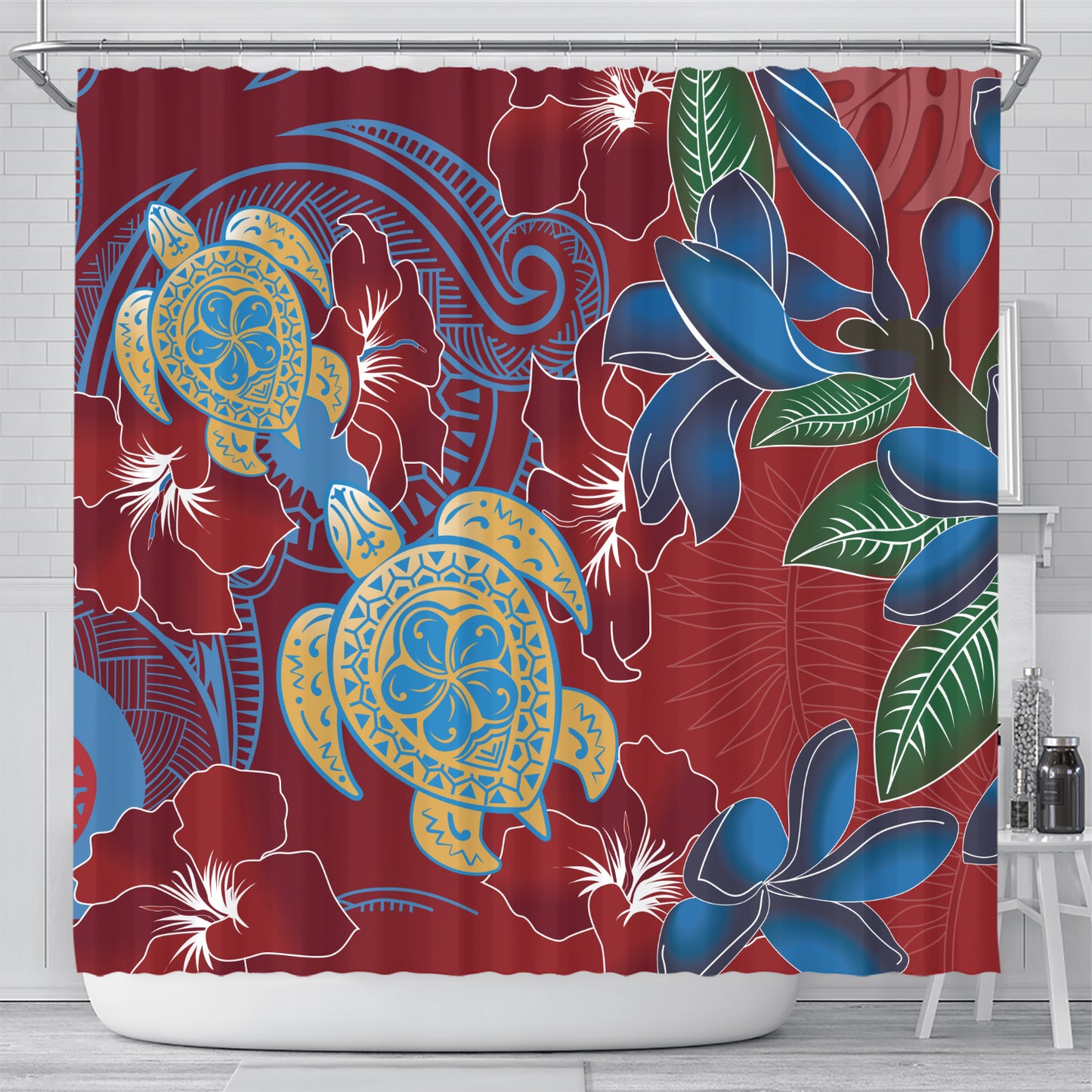 Hawaii Shower Curtain Polynesian Cultures Turtle Couple Tropical Flowers Red Color