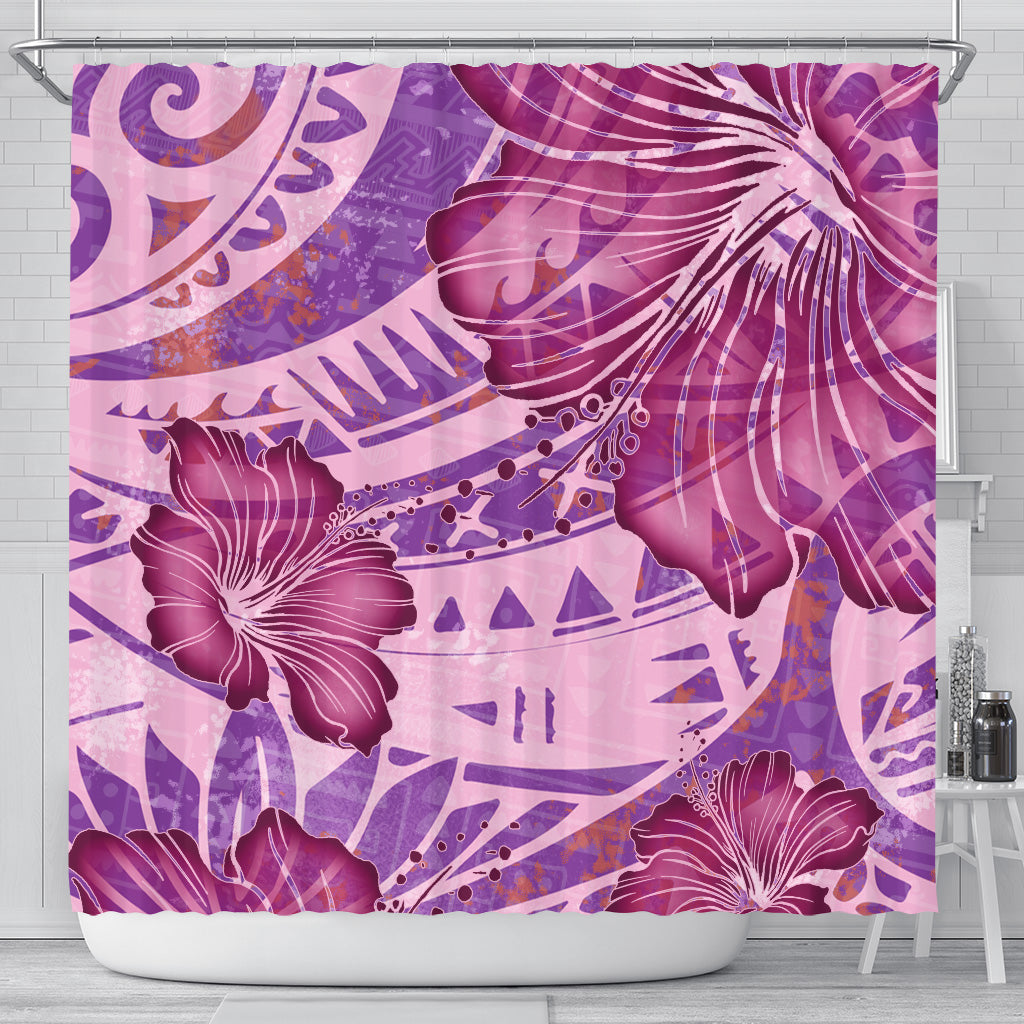 Hawaii Shower Curtain Polynesian Motif Purple Hibiscus
