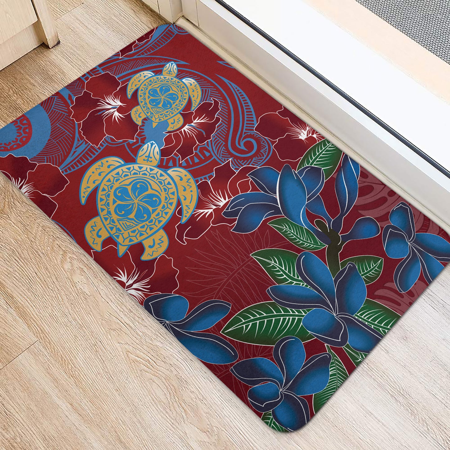Hawaii Door Mat Polynesian Cultures Turtle Couple Tropical Flowers Red Color