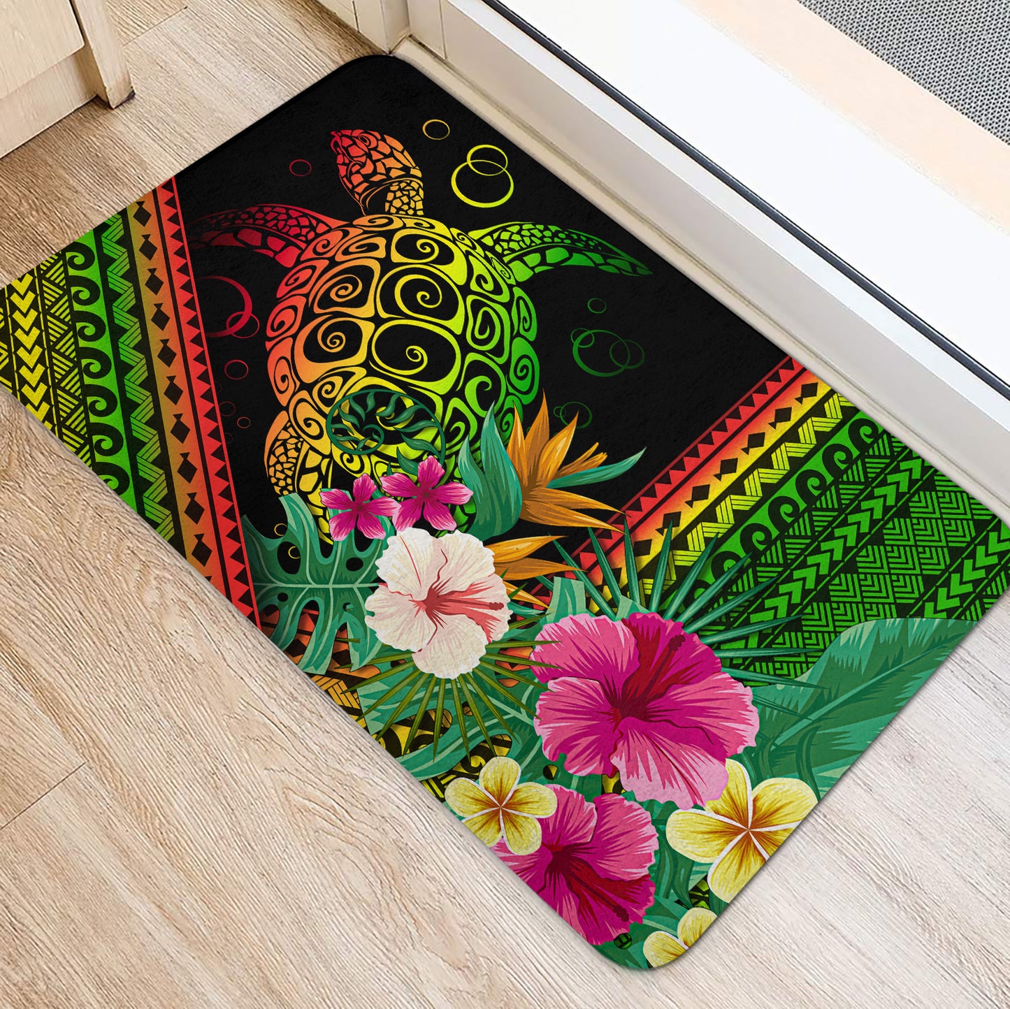 Hawaii Door Mat Turtle Polynesian Pattern Reggae Color