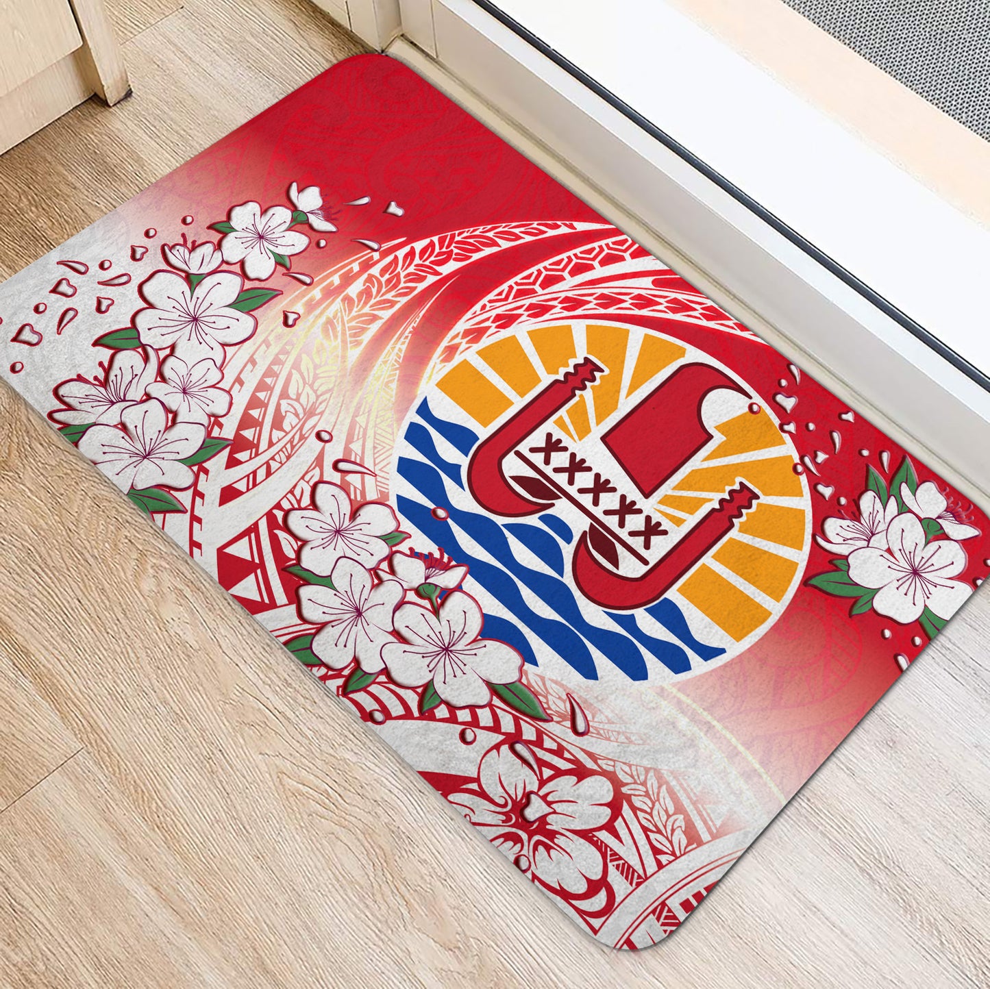 Tahiti Door Mat Polynesian Pattern Style White Flowers