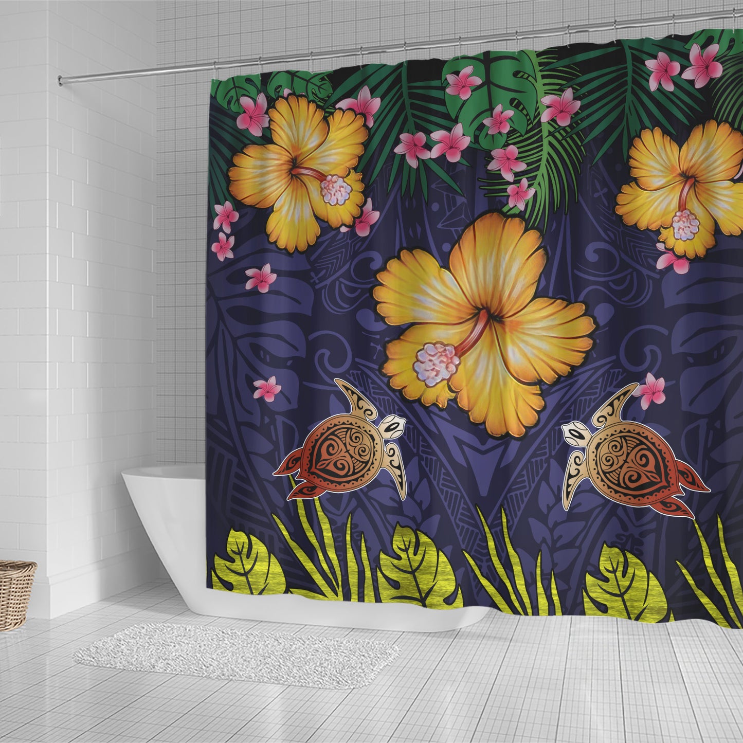 Hawaii Shower Curtain Polynesian Patterns Turtle Couple Hibiscus Plumeria Flowers