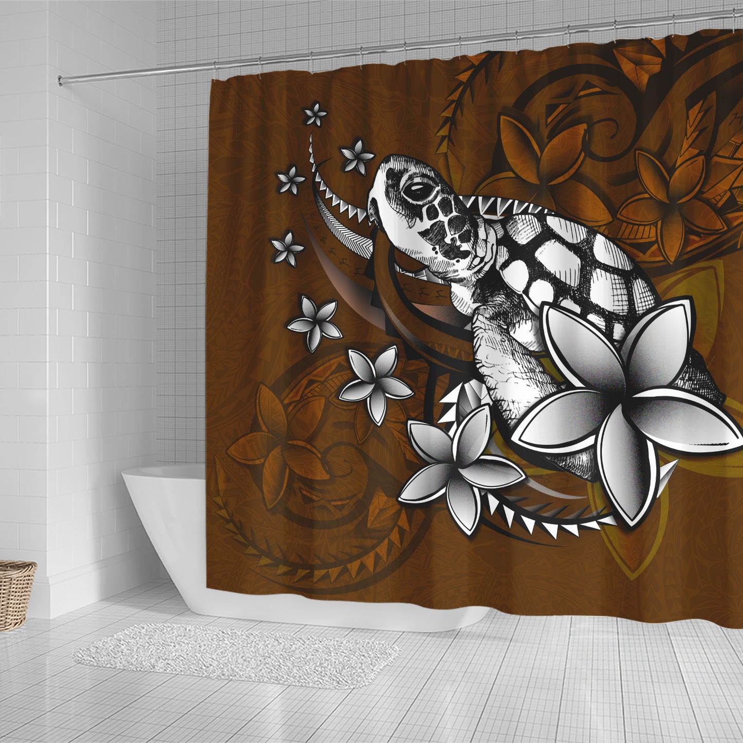 Hawaii Shower Curtain Sea Turtle With Plumeria Polynesian Patterns Retro Style
