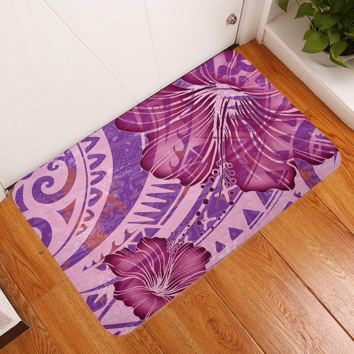 Hawaii Door Mat Polynesian Motif Purple Hibiscus