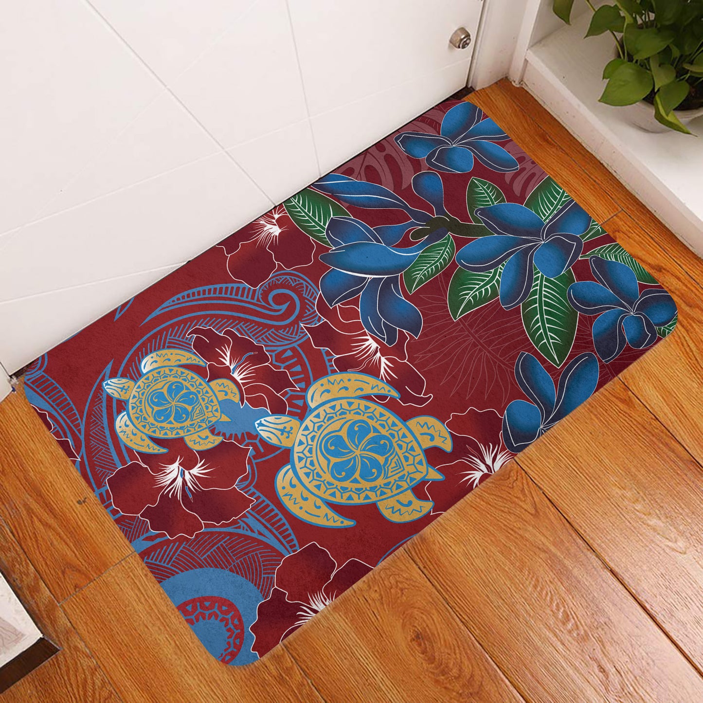 Hawaii Door Mat Polynesian Cultures Turtle Couple Tropical Flowers Red Color