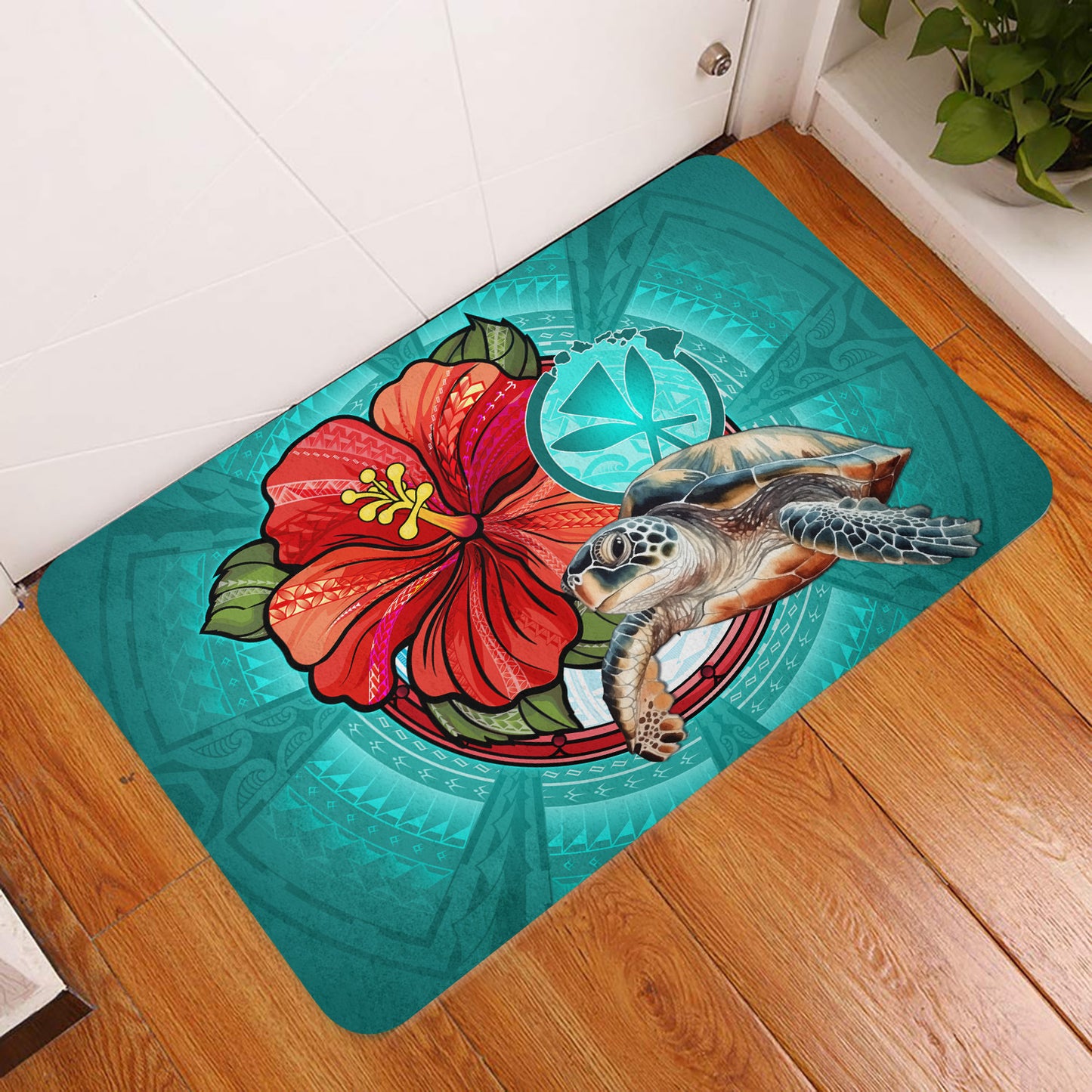 Hawaii Door Mat Hawaiian Map Turtle Hibiscus Flowers Polynesian Patterns Style