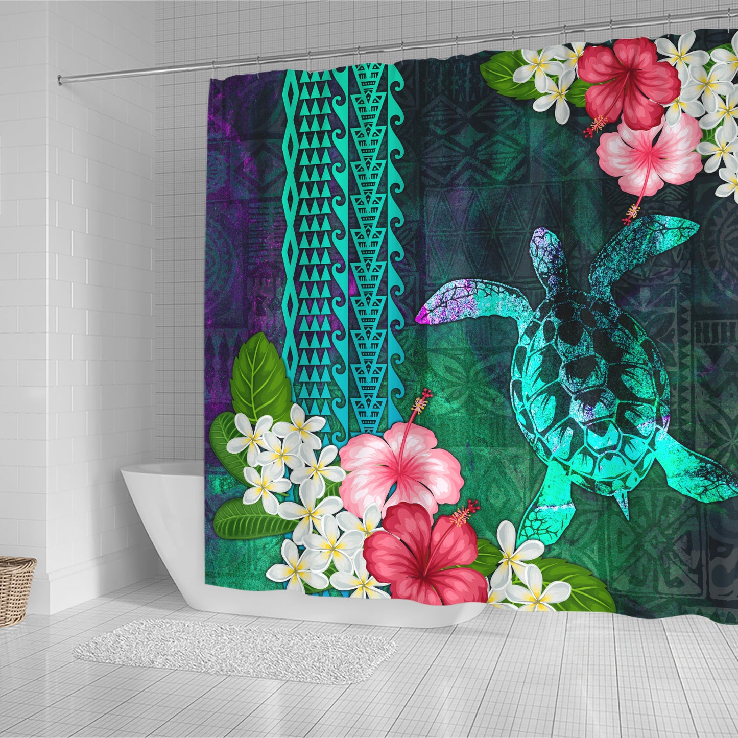 Hawaii Shower Curtain Sea Turtle Abstract Background With Tropical Flowers Hibiscus And Plumeria