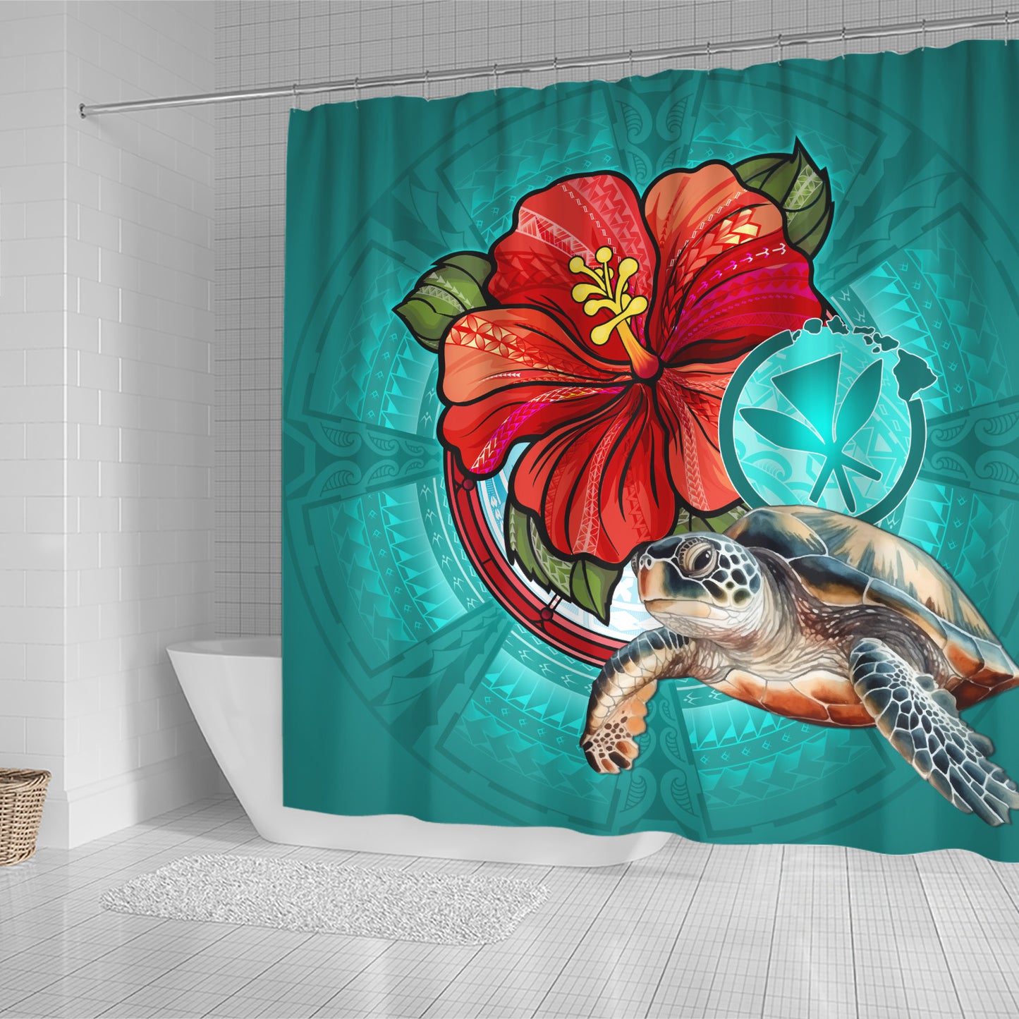 Hawaii Shower Curtain Hawaiian Map Turtle Hibiscus Flowers Polynesian Patterns Style