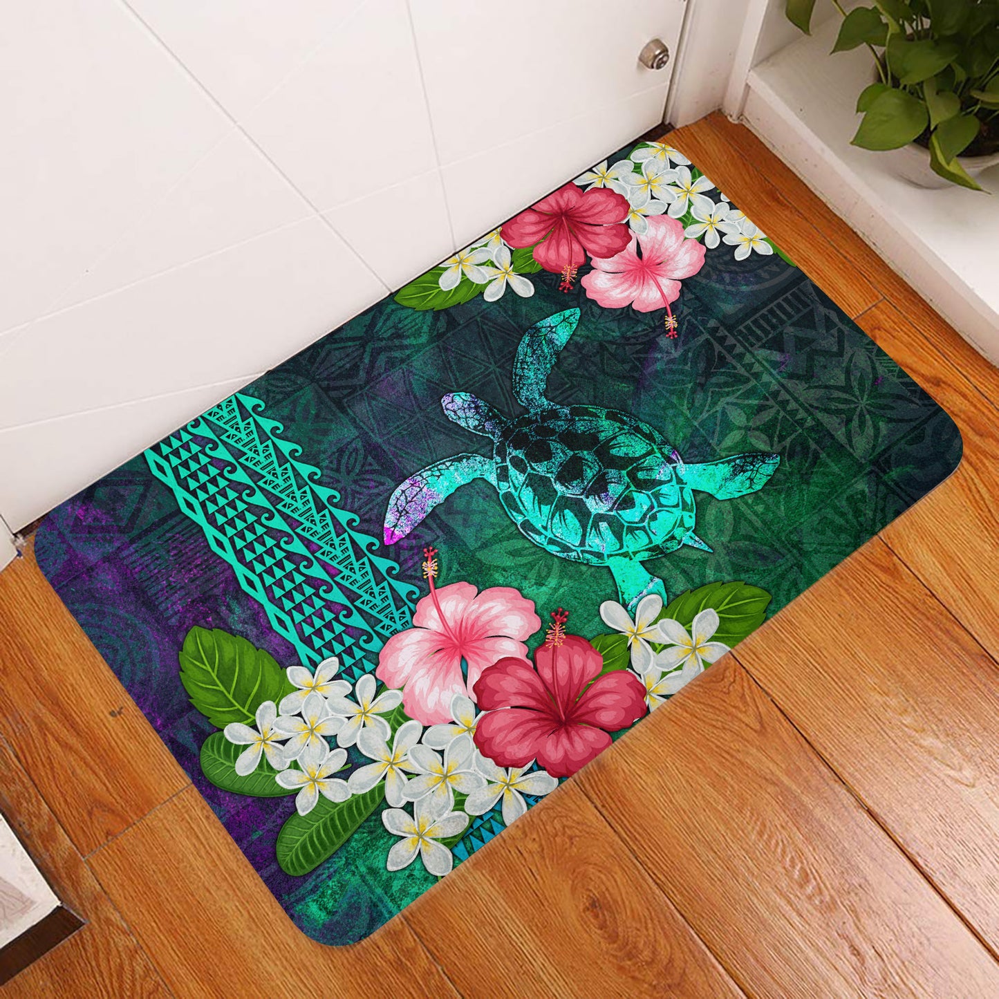 Hawaii Door Mat Sea Turtle Abstract Background With Tropical Flowers Hibiscus And Plumeria