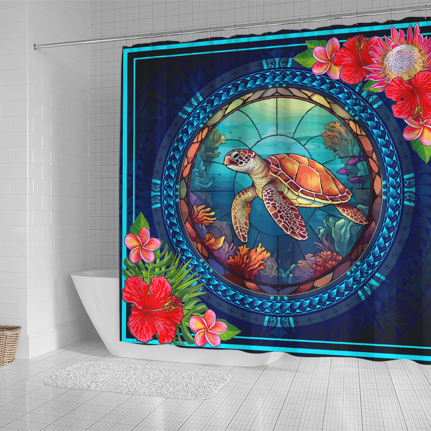 Hawaii Shower Curtain Polynesian Patterns Turtle Mascot WaterColor Style