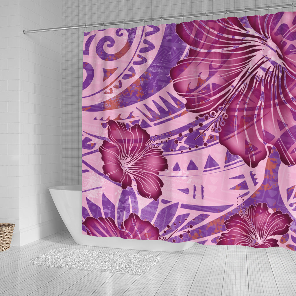 Hawaii Shower Curtain Polynesian Motif Purple Hibiscus