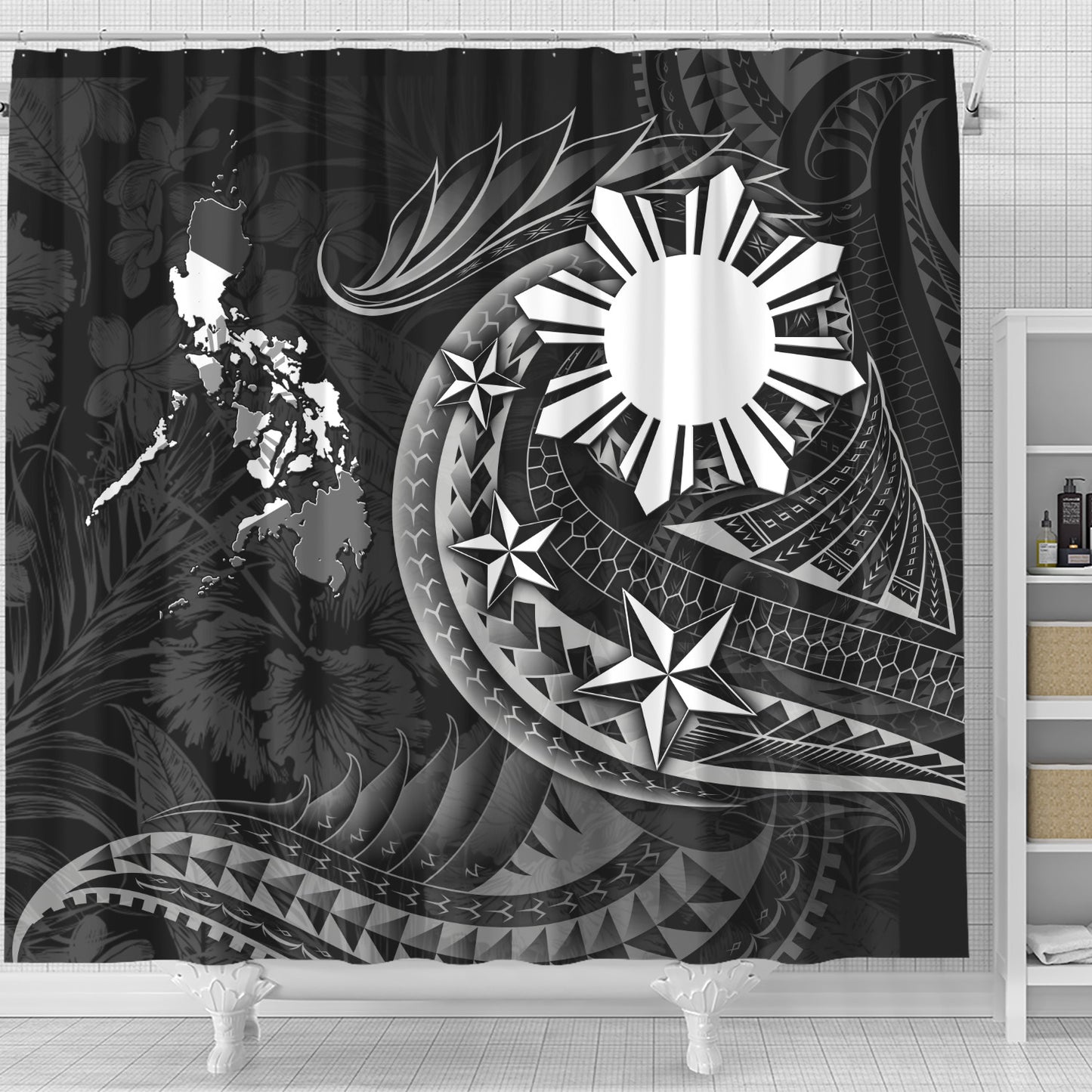 Philippines Filipinos Shower Curtain Philippines Sun Tribal Patterns Tropical Flowers Curve Style