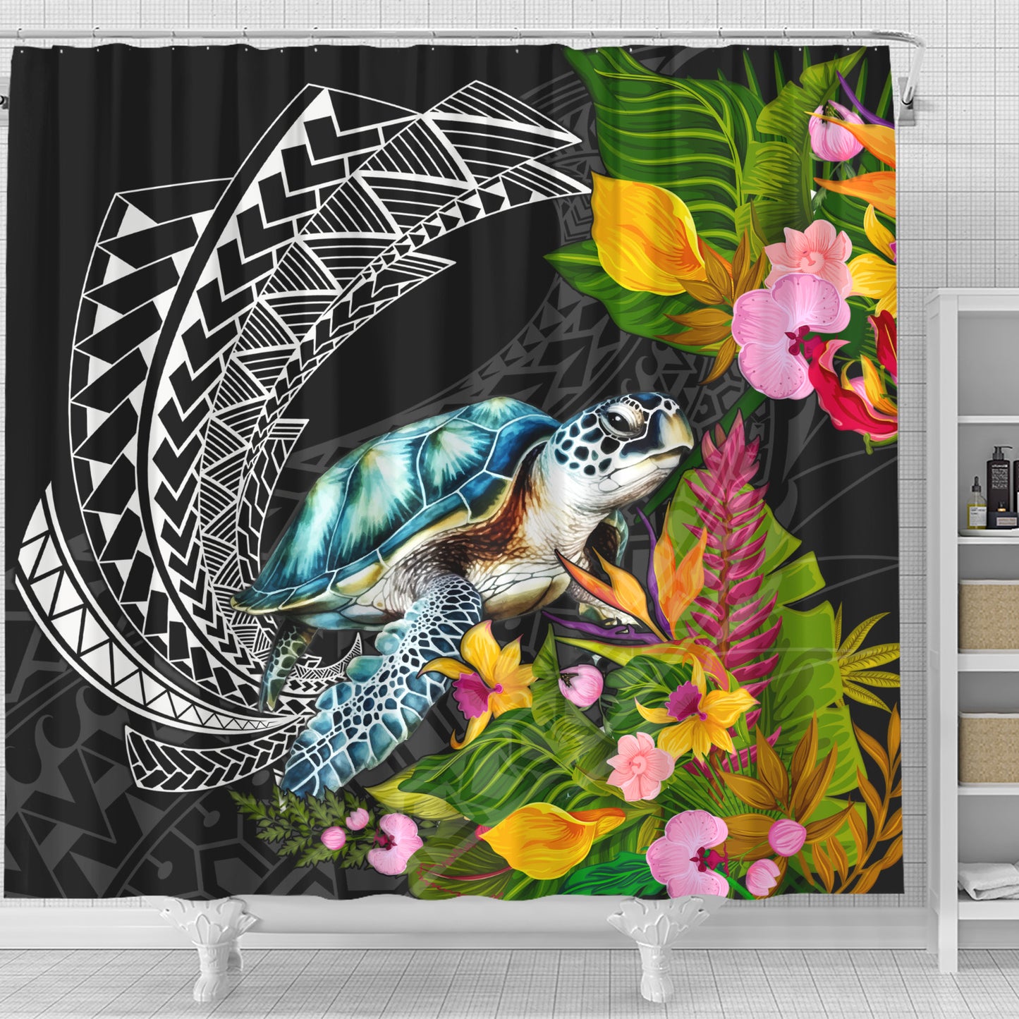 Hawaii Shower Curtain Turtle Ocean Spiral Polynesian Patterns