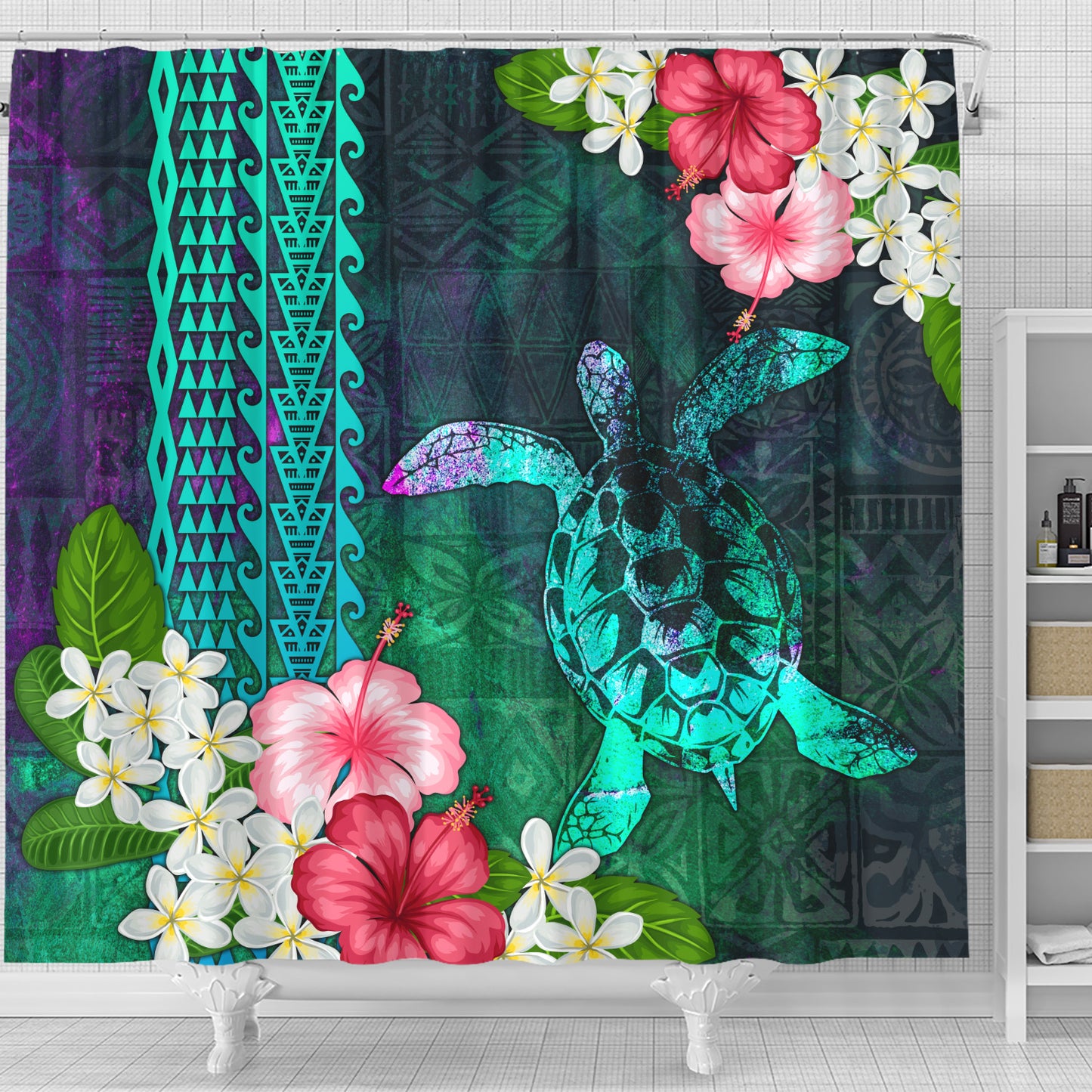 Hawaii Shower Curtain Sea Turtle Abstract Background With Tropical Flowers Hibiscus And Plumeria
