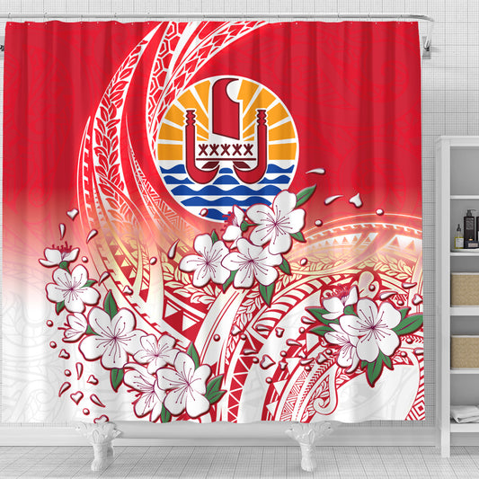 Tahiti Shower Curtain Polynesian Pattern Style White Flowers
