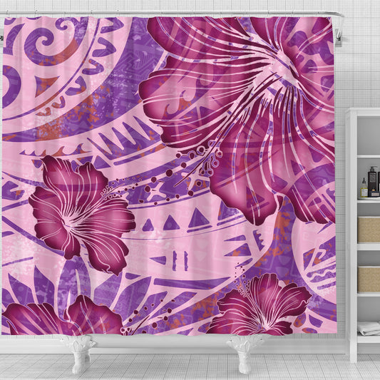 Hawaii Shower Curtain Polynesian Motif Purple Hibiscus