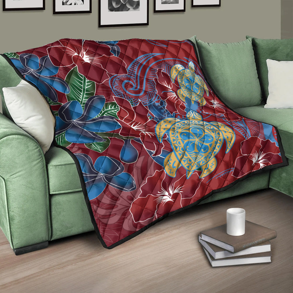 Hawaii Premium Quilt Polynesian Cultures Turtle Couple Tropical Flowers Red Color