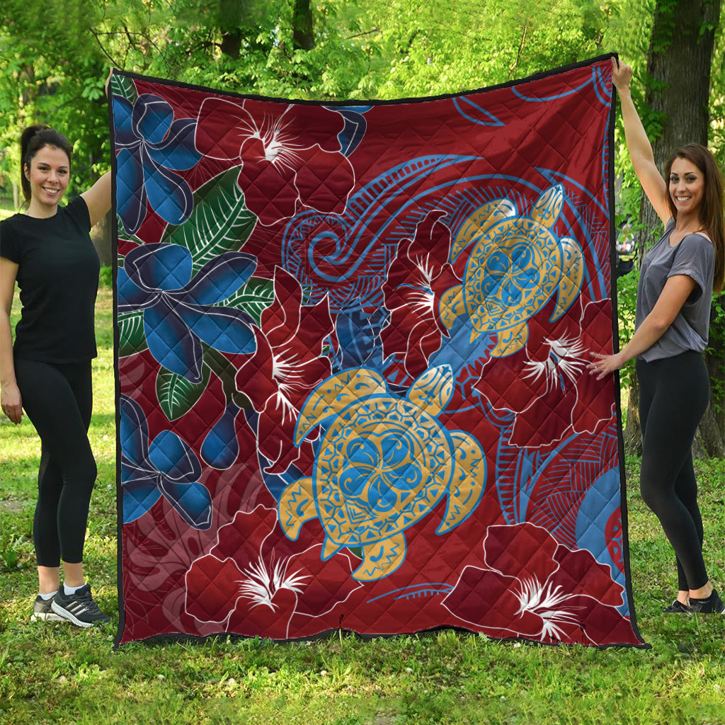 Hawaii Premium Quilt Polynesian Cultures Turtle Couple Tropical Flowers Red Color
