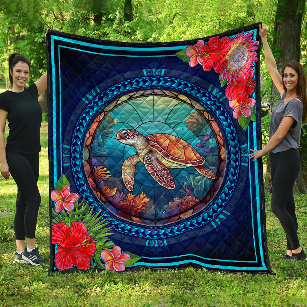Hawaii Premium Quilt Polynesian Patterns Turtle Mascot WaterColor Style