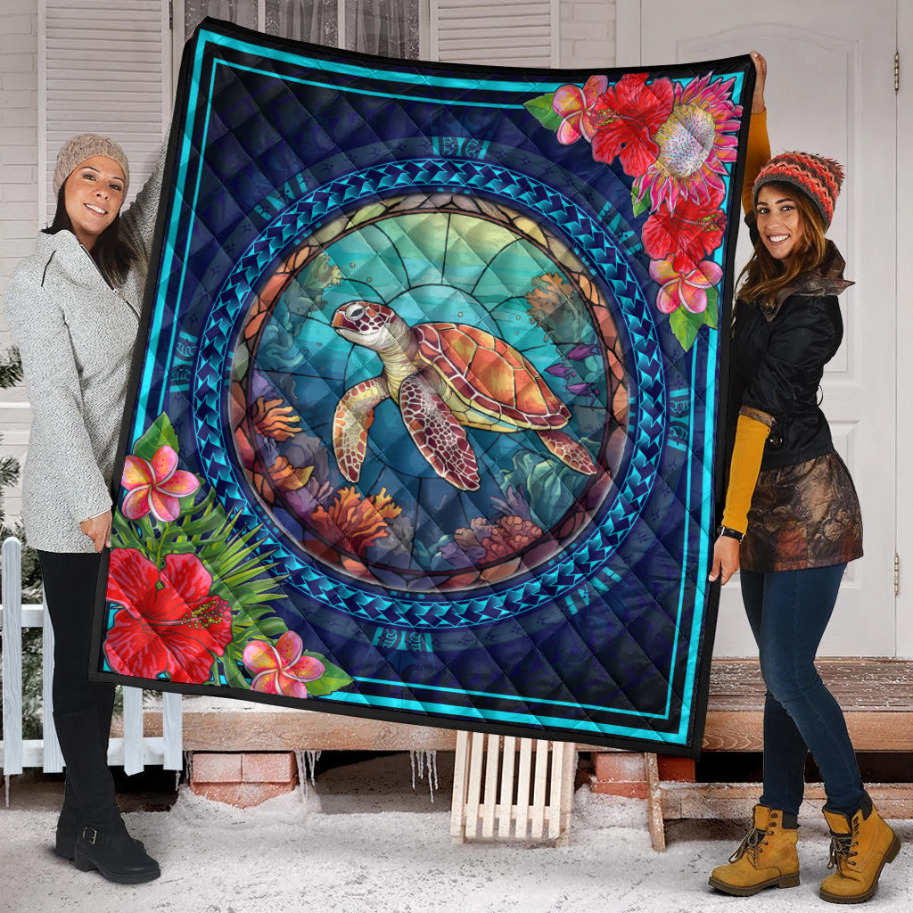 Hawaii Premium Quilt Polynesian Patterns Turtle Mascot WaterColor Style