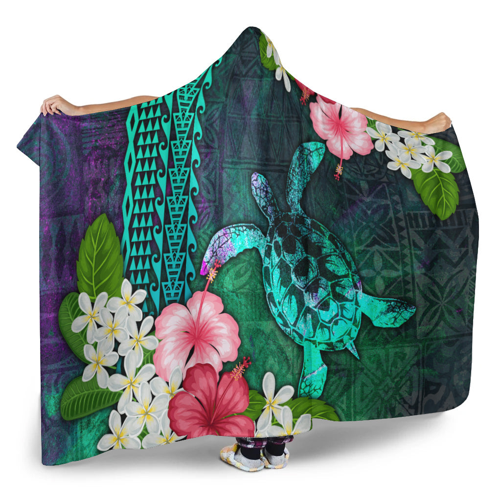 Hawaii Hooded Blanket Sea Turtle Abstract Background With Tropical Flowers Hibiscus And Plumeria