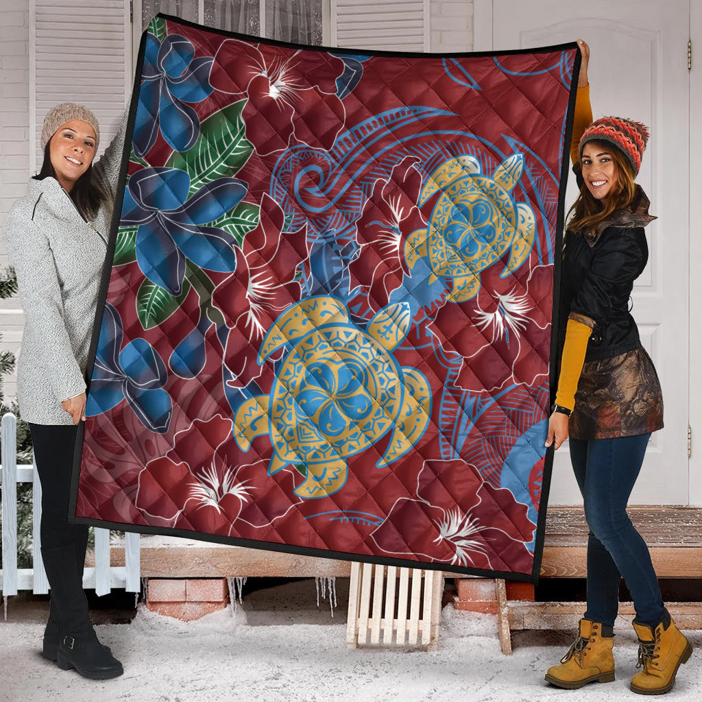 Hawaii Premium Quilt Polynesian Cultures Turtle Couple Tropical Flowers Red Color