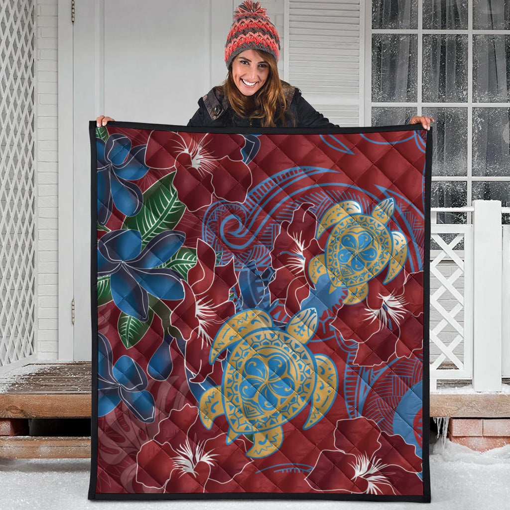 Hawaii Premium Quilt Polynesian Cultures Turtle Couple Tropical Flowers Red Color