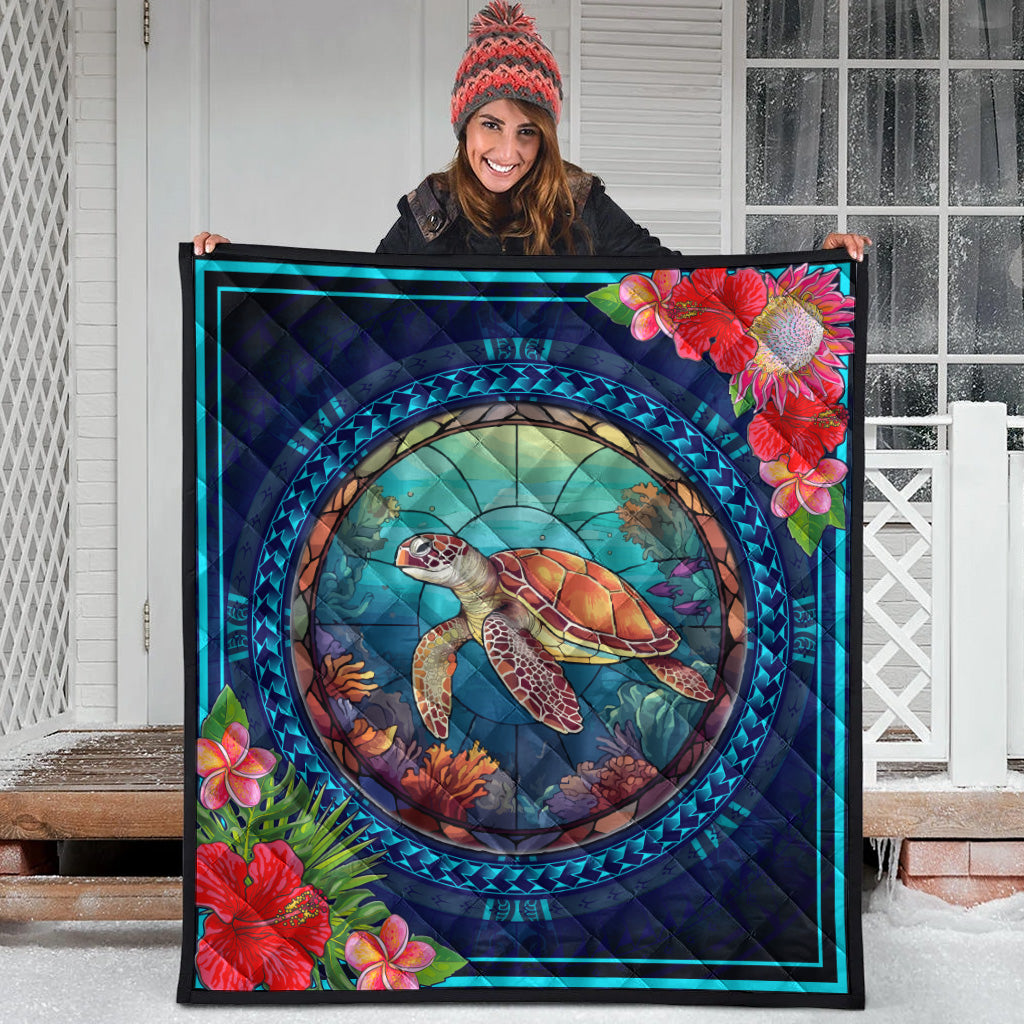 Hawaii Premium Quilt Polynesian Patterns Turtle Mascot WaterColor Style