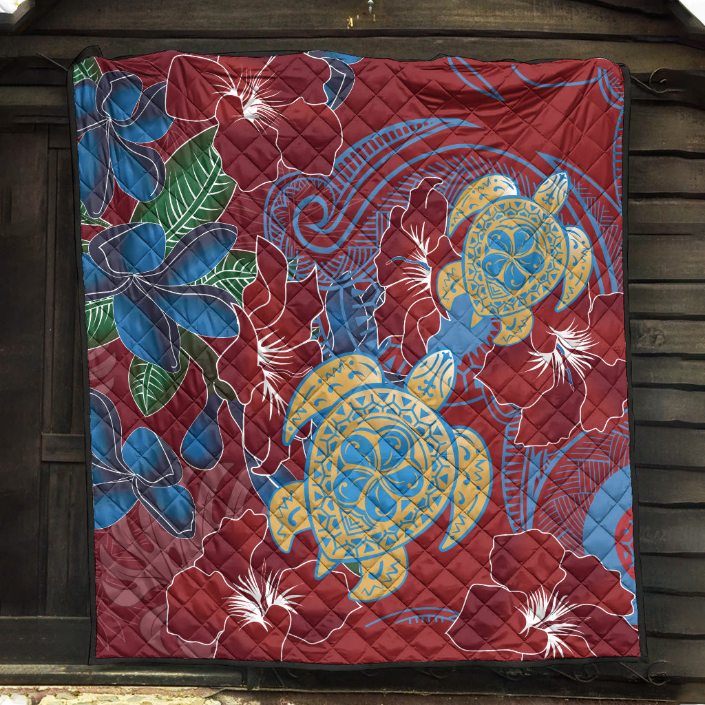 Hawaii Premium Quilt Polynesian Cultures Turtle Couple Tropical Flowers Red Color