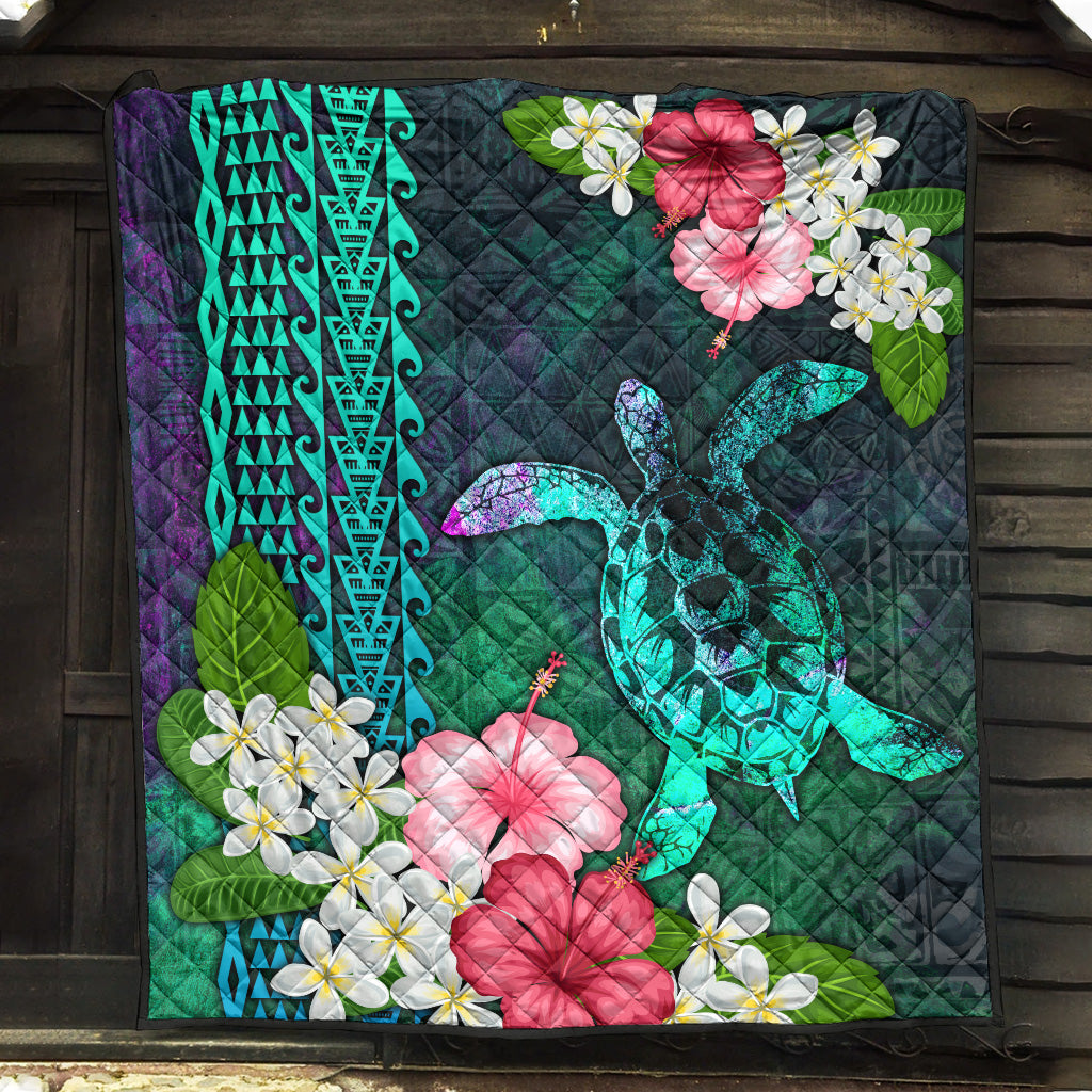 Hawaii Premium Quilt Sea Turtle Abstract Background With Tropical Flowers Hibiscus And Plumeria