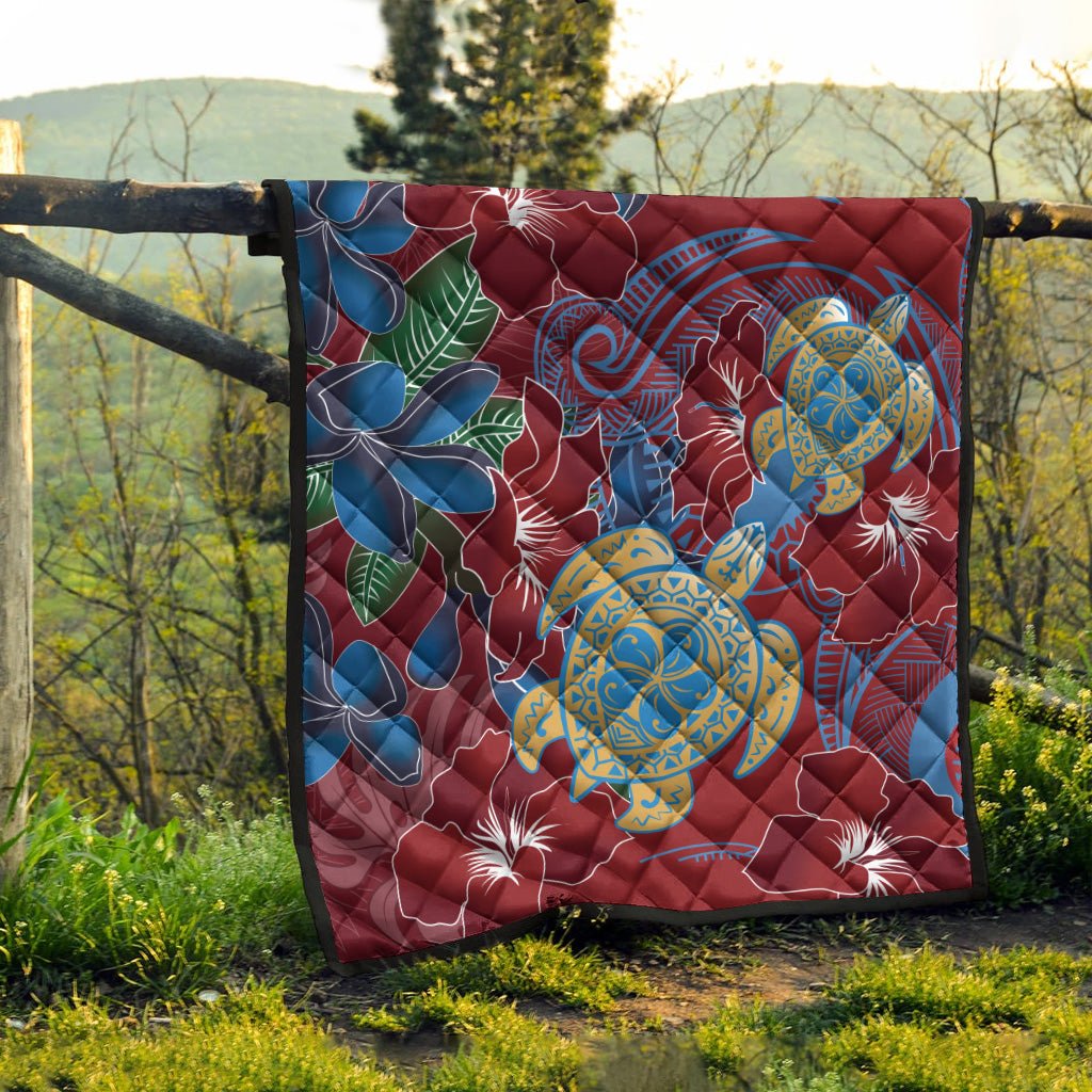 Hawaii Premium Quilt Polynesian Cultures Turtle Couple Tropical Flowers Red Color