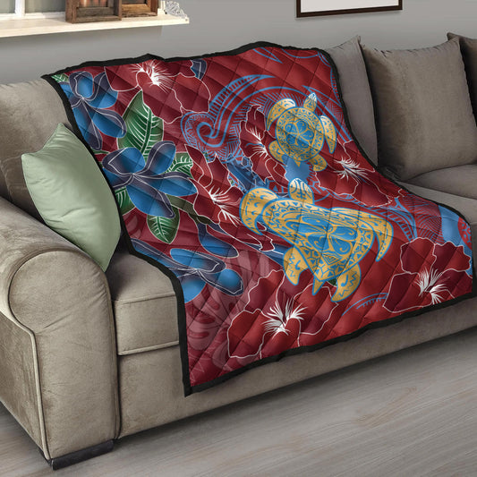 Hawaii Premium Quilt Polynesian Cultures Turtle Couple Tropical Flowers Red Color