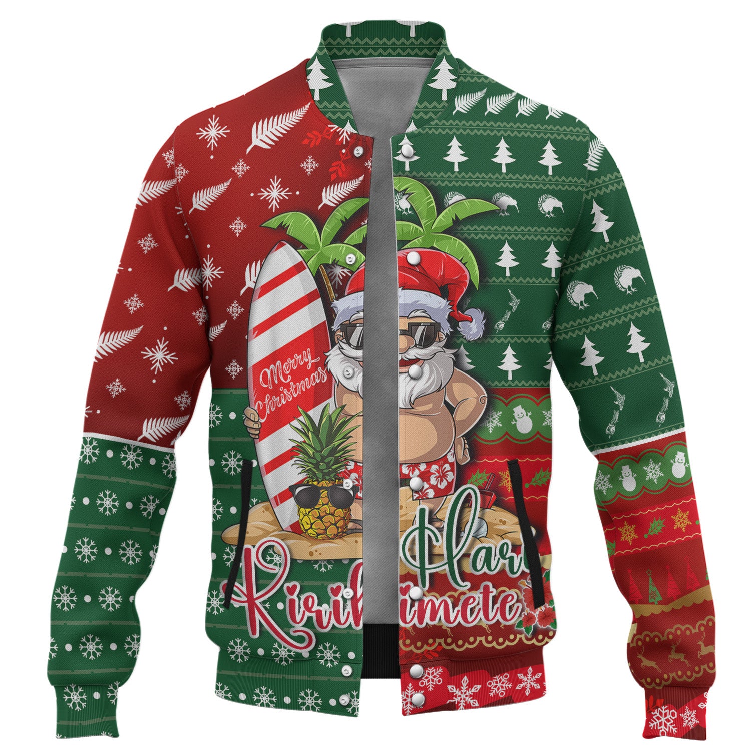 New Zealand Baseball Jacket Maori Hari Kirihimete Tropical Xmas Patterns