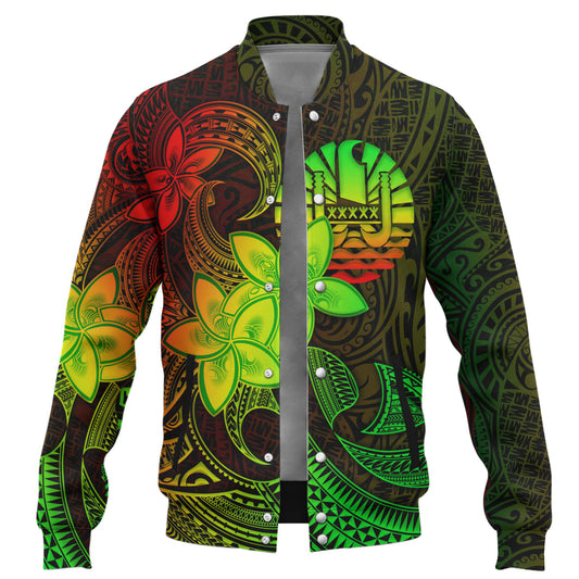 Tahiti Baseball Jacket Plumeria Flowers Vintage Style Reggae Colors