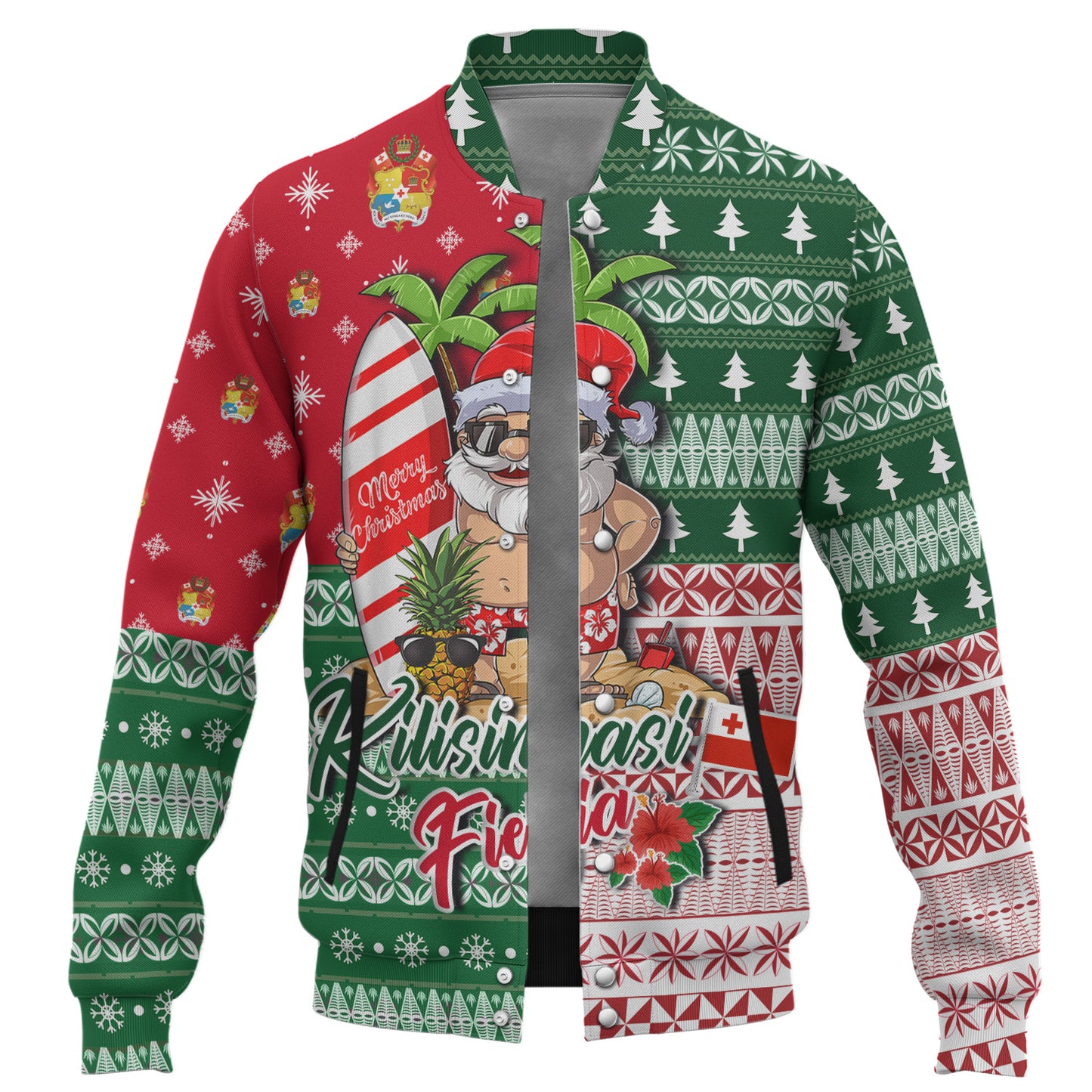 Tonga Baseball Jacket Kilisimasi Fiefia Tropical Xmas Patterns
