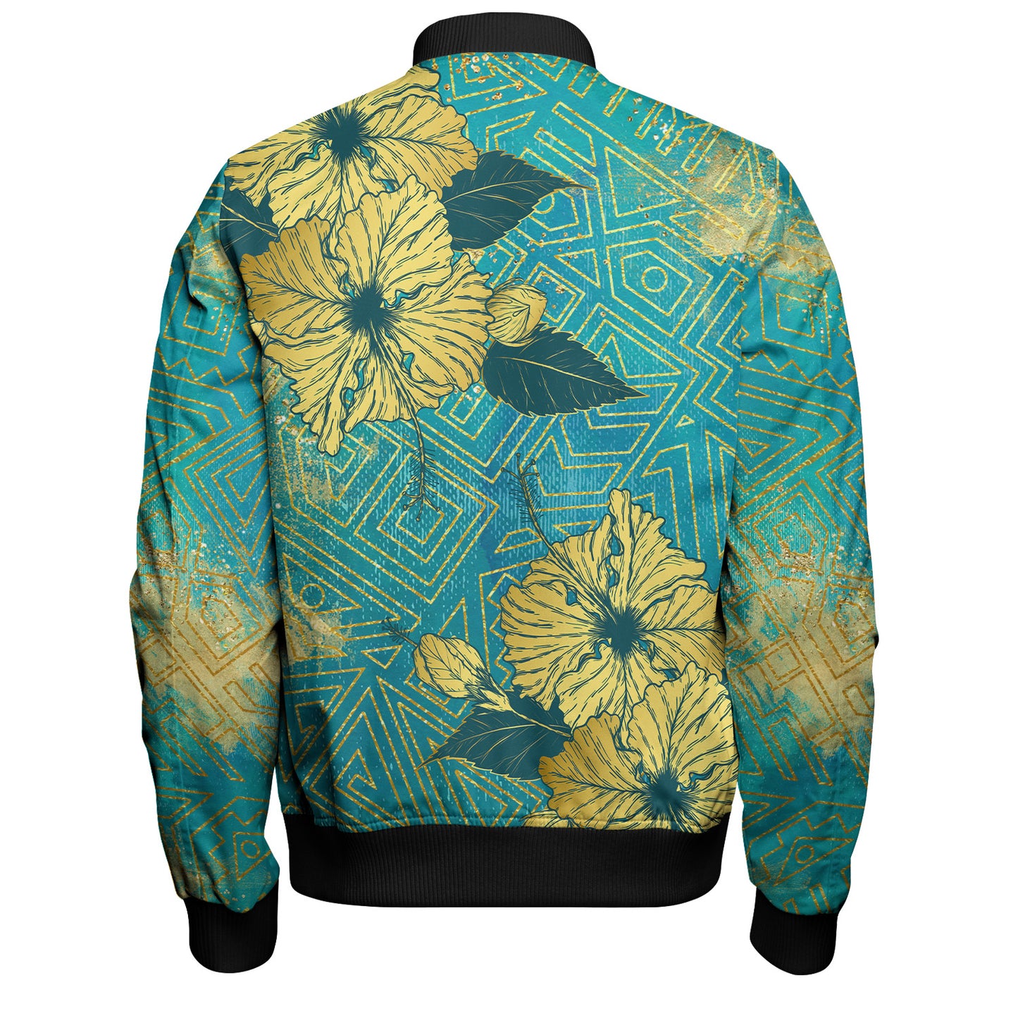 Hawaii Bomber Jacket Golden Hibiscus Turquoise Color Tribal Pattern