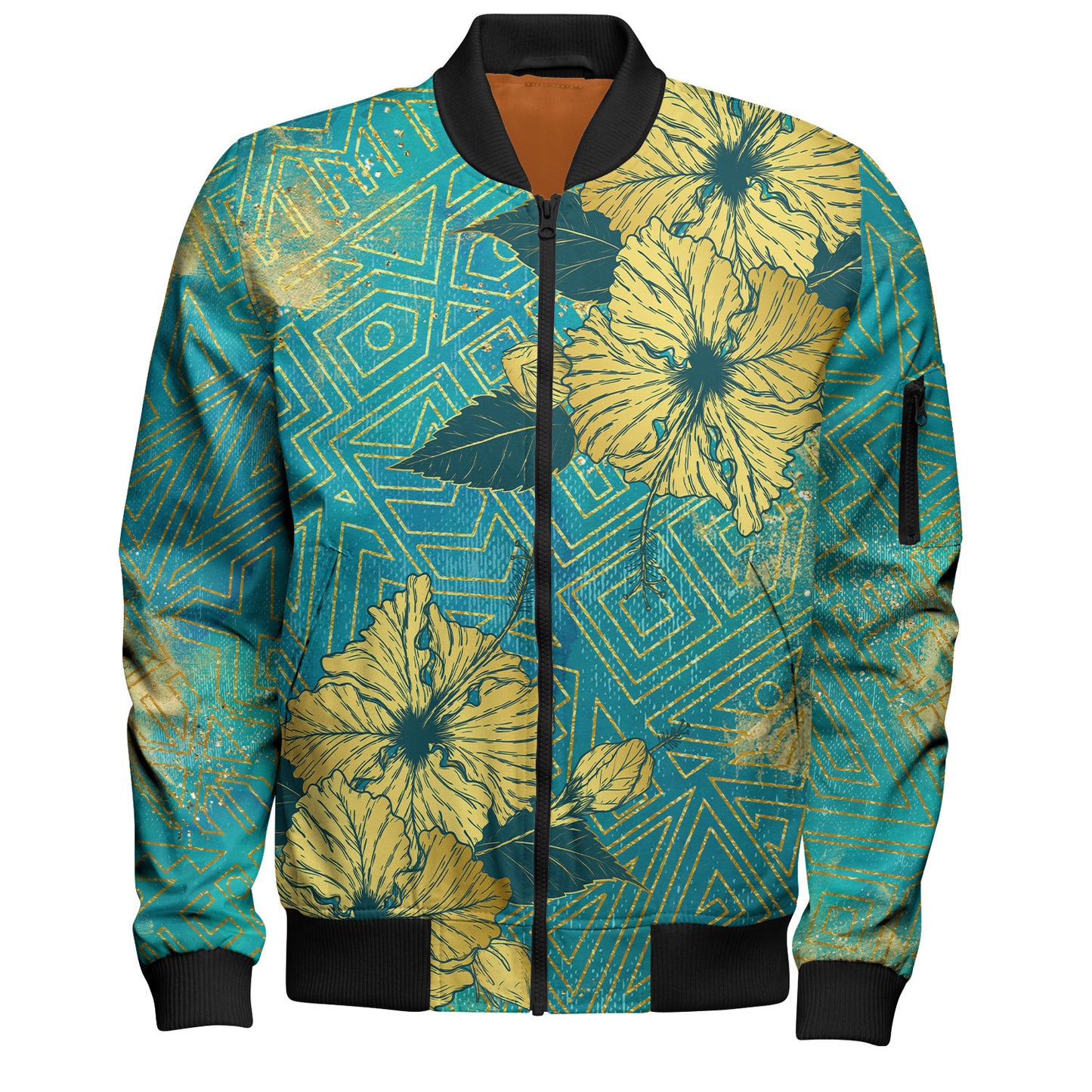 Hawaii Bomber Jacket Golden Hibiscus Turquoise Color Tribal Pattern
