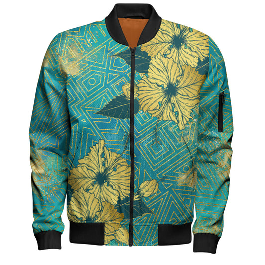 Hawaii Bomber Jacket Golden Hibiscus Turquoise Color Tribal Pattern